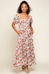 Cream Floral Smocked Square Neck Tiered Maternity Maxi Dress