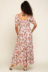 Cream Floral Smocked Square Neck Tiered Maxi Dress