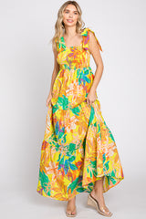 Yellow Tropical Print Smocked Tie Sleeve Maxi Dress