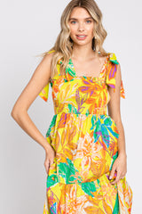 Yellow Tropical Print Smocked Tie Sleeve Maxi Dress