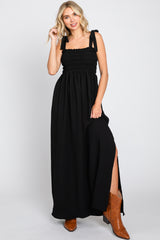 Black Textured Smocked Shoulder Tie Maternity Maxi Dress