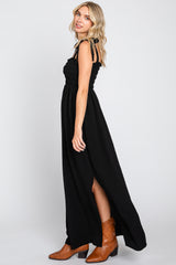 Black Textured Smocked Shoulder Tie Maxi Dress