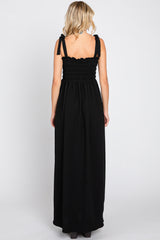 Black Textured Smocked Shoulder Tie Maxi Dress