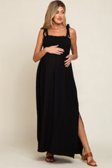 Black Textured Smocked Shoulder Tie Maternity Maxi Dress