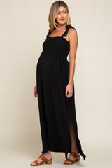 Black Textured Smocked Shoulder Tie Maternity Maxi Dress