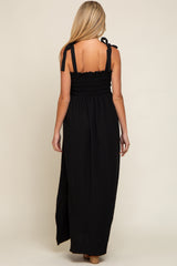 Black Textured Smocked Shoulder Tie Maternity Maxi Dress