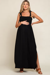 Black Textured Smocked Shoulder Tie Maternity Maxi Dress