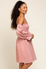 Pink Smocked Off Shoulder Long Sleeve Dress