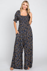 Navy Floral Smocked Jumpsuit