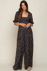 Navy Floral Smocked Maternity Jumpsuit