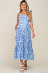 Blue Checkered Sleeveless Tiered Maternity Maxi Dress