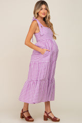 Lavender Checkered Sleeveless Tiered Maternity Maxi Dress