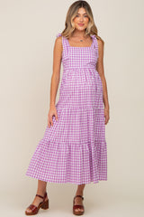 Lavender Checkered Sleeveless Tiered Maternity Maxi Dress