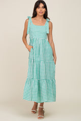 Green Checkered Sleeveless Tiered Maxi Dress