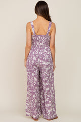 Lavender Floral Sweetheart Neck Maternity Jumpsuit