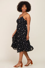 Black Floral Button Tiered Midi Dress