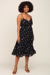 Black Floral Button Tiered Midi Dress