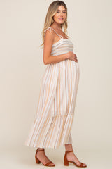 Ivory Striped Smocked Shoulder Tie Maternity Maxi Dress