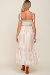 Ivory Striped Smocked Shoulder Tie Maternity Maxi Dress