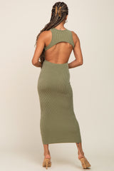 Olive Ribbed Back Cutout Fitted Midi Dress