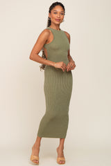 Olive Ribbed Back Cutout Fitted Midi Dress