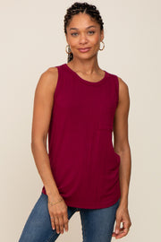 Burgundy Sleeveless Ribbed Pocked Top