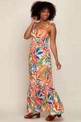 Orange Multi-Color Palm Print Shoulder Tie Maxi Dress