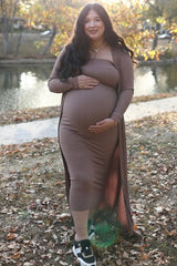 Mocha Ribbed Sleeveless Dress Cardigan Maternity Set