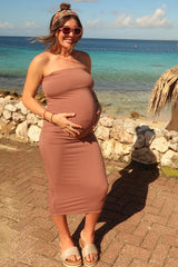 Mocha Ribbed Sleeveless Dress Cardigan Maternity Set