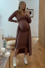 Mocha Ribbed Sleeveless Dress Cardigan Maternity Set