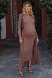 Mocha Ribbed Sleeveless Dress Cardigan Maternity Set