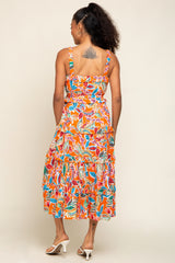 Orange Multi-Color Floral Sleeveless Tiered Midi Dress