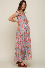 Light Blue Floral Smocked Shoulder Tie Tiered Maternity Maxi Dress