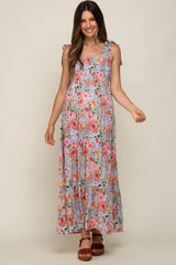 Light Blue Floral Smocked Shoulder Tie Tiered Maternity Maxi Dress