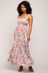 Light Blue Floral Smocked Shoulder Tie Tiered Maxi Dress