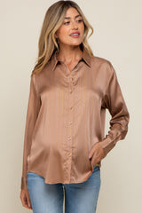 Camel Metallic Stripe Satin Maternity Long Sleeve Blouse