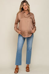 Camel Metallic Stripe Satin Maternity Long Sleeve Blouse