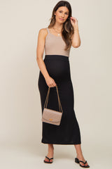 Black Ribbed Side Slit Maternity Midi Skirt