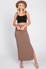 Mocha Ribbed Side Slit Midi Skirt