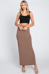 Mocha Ribbed Side Slit Midi Skirt