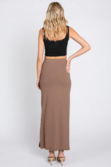 Mocha Ribbed Side Slit Midi Skirt