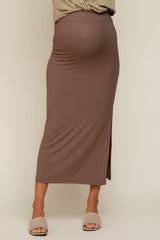 Mocha Ribbed Side Slit Maternity Midi Skirt