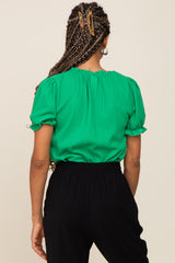 Green Ruffle Accent Tie Front Blouse