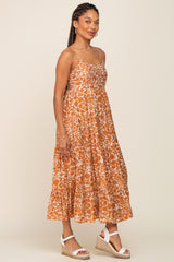 Rust Floral Tiered Midi Dress