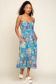 Teal Floral Shirred Midi Dress