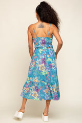 Teal Floral Shirred Midi Dress