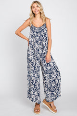 Navy Blue Floral Wide Leg Crop Jumpsuit