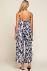 Navy Blue Floral Wide Leg Crop Maternity Jumpsuit