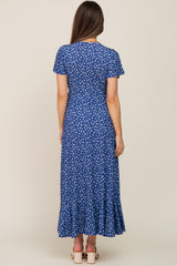 Navy Blue Floral Wrap Front V-Neck Short Sleeve Maternity Midi Dress