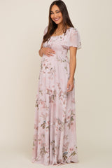 Light Pink Floral Chiffon Smocked Short Sleeve Maternity Maxi Dress